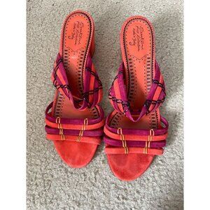 Santoni Rose Collection suede leather orange red strappy slip on sandals IT40